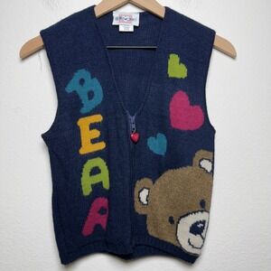 VTG‎ Heartworks Cardigan Sweater Small Bear Full Zip Heart Waist Length Kidcore